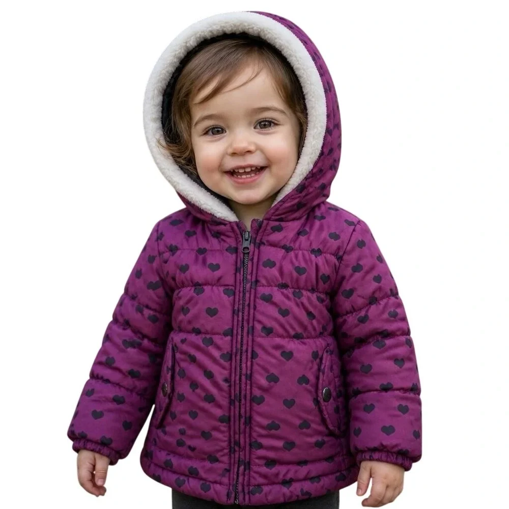 Oshkosh B'gosh Purple‎ Hearts AOP Hooded Puffer Coat 2T Girl Winter Ski Outdoor